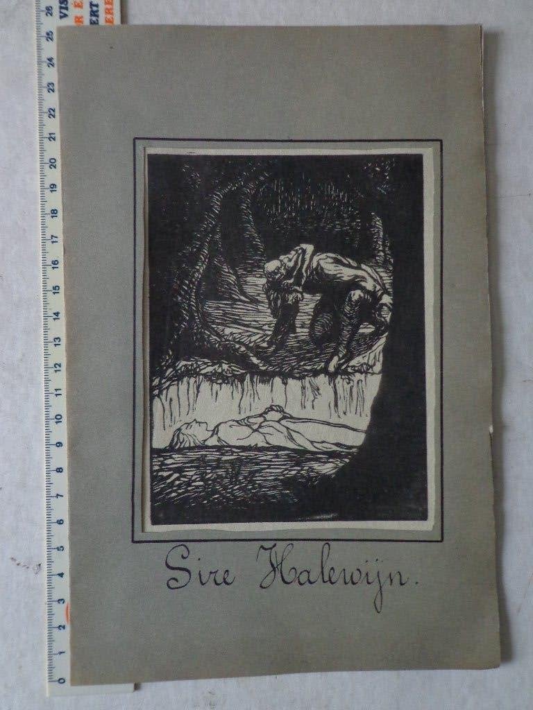 Houtsnede van Albert Delstanche uit Sire Halewijn, Antiek en Kunst, Kunst | Etsen en Gravures, Houtsnede, Met passe-partout, Mythologie