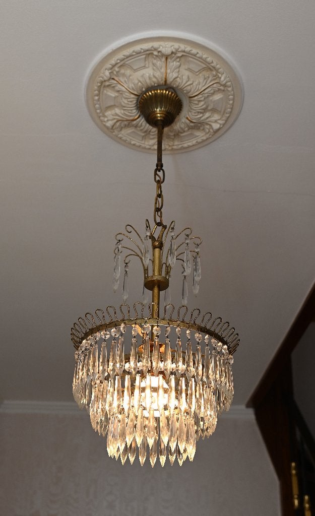 Vintage getrapte kristallen kroonluchter, Huis en Inrichting, Lampen | Kroonluchters, Ophalen, Gebruikt, Glas, E27 (groot)
