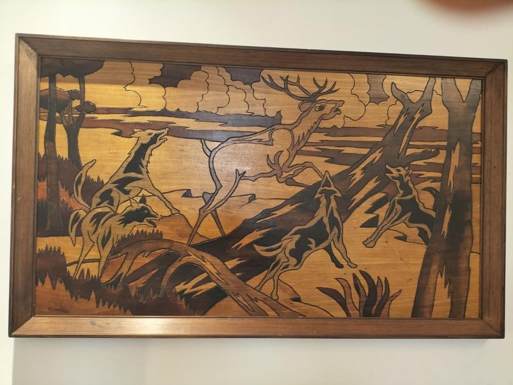 Groot Vintage Houten Wandpaneel “Michelli” – Jachttafereel –, Antiek en Kunst, Ophalen of Verzenden