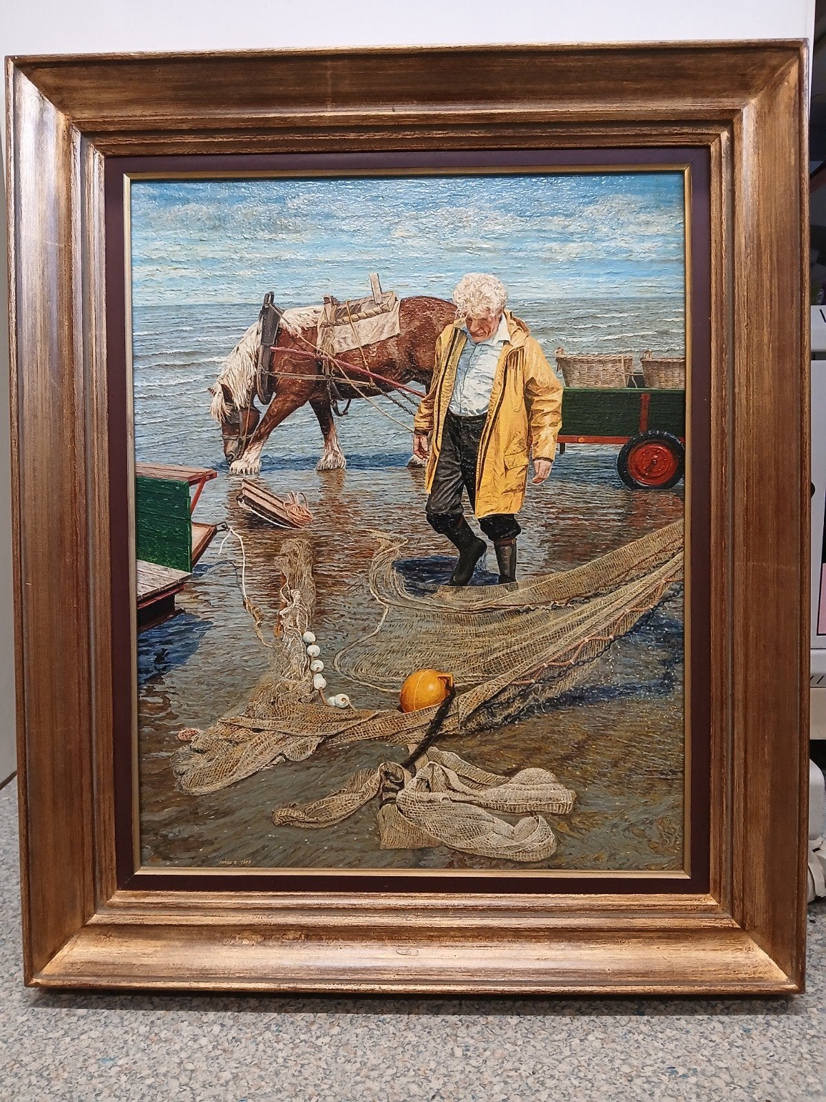 Schilderij garnalenvisser Maes R., Maritiem / water, Doek, Bijzondere lijst, Ophalen of Verzenden