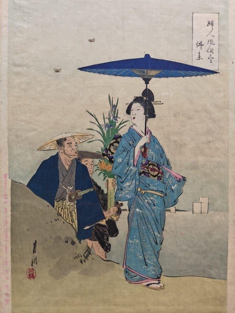 Japans houtblok print "Visit to a temple" van Ogata Gekko, Antiek en Kunst, Kunst | Niet-Westerse kunst, Overige typen, Ophalen of Verzenden