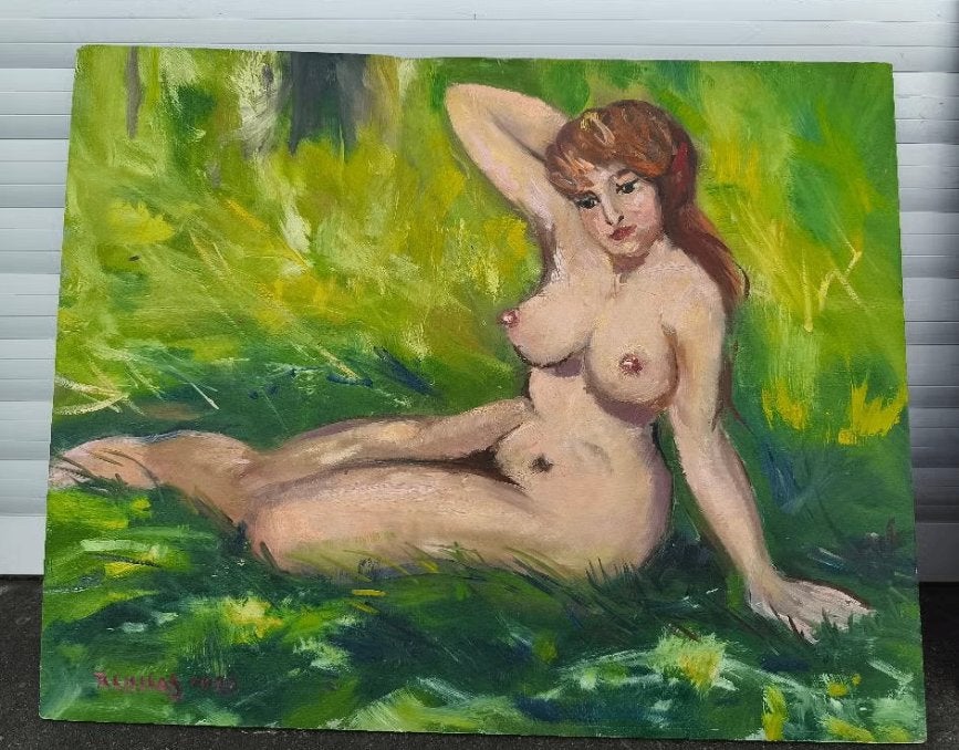 Huile sur panneau femme nue signe Tony reniers, Antiquités & Art, Enlèvement ou Envoi, Panneau