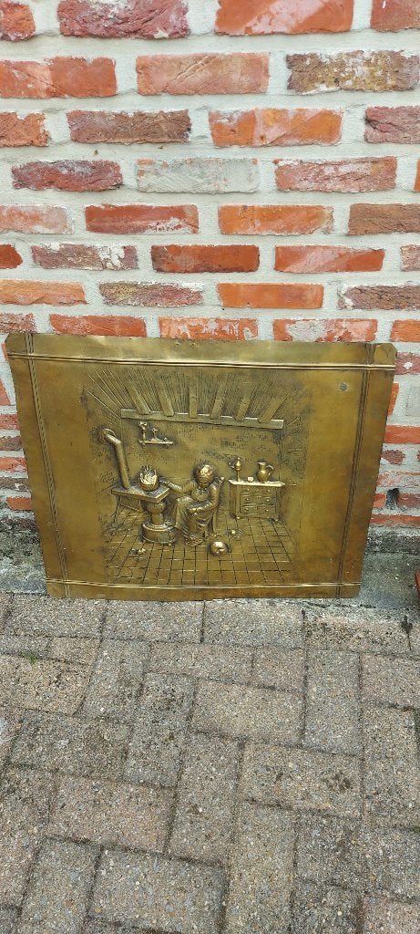 Koper-messing haardscherm relief voorstelling, Maison & Meubles, Cheminées, Enlèvement, Comme neuf, Encastré, Cheminée au bois