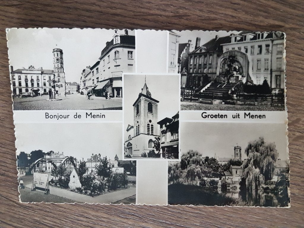 Postkaart Groeten uit Menen Bonjour de Menin, Verzamelen, Ophalen of Verzenden, 1940 tot 1960, Ongelopen, West-Vlaanderen