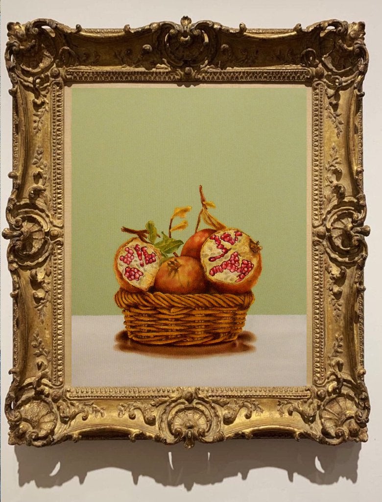 Peinture « Nature morte aux grenades »., Antiquités & Art, Textile, Peinture à l'huile, Nature morte, Sur cadre en bois