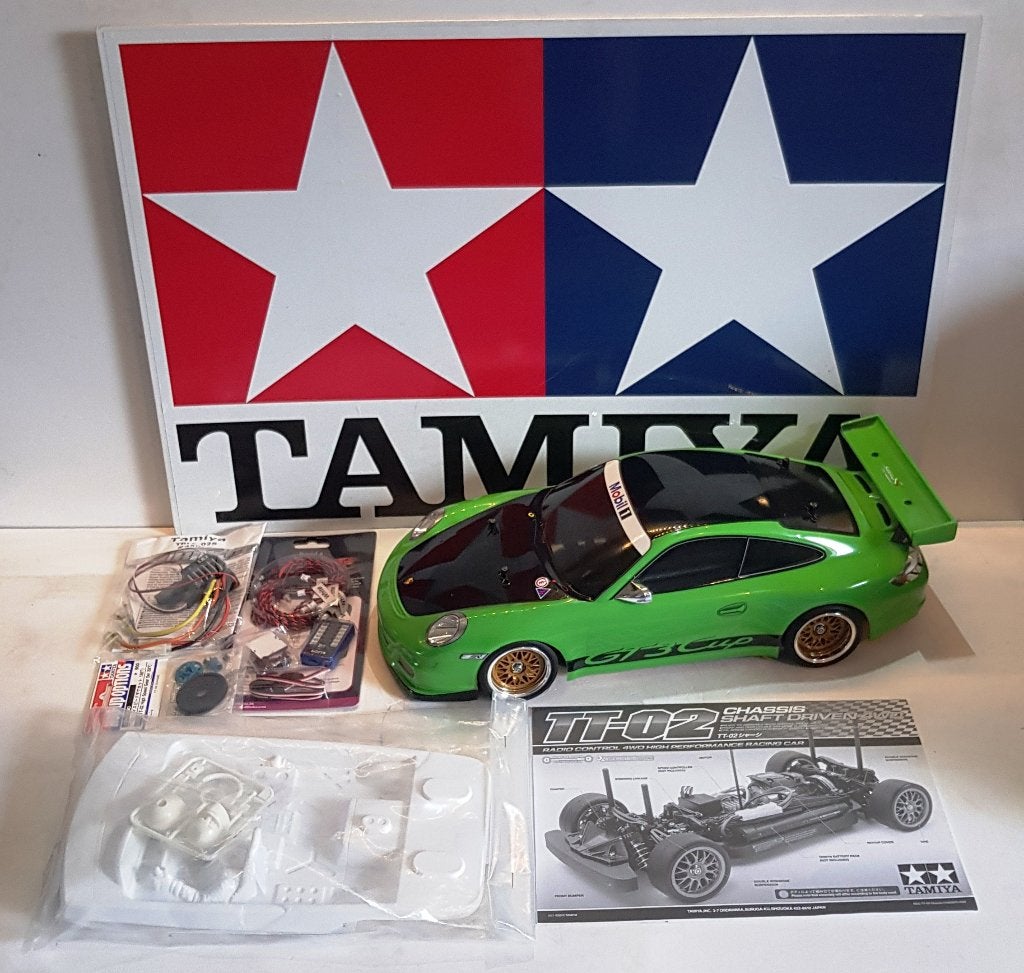 Tamiya TT02 chassis met Tamiya Porsche 911 GT3 CUP Team kap, Elektro, Nieuw, Ophalen of Verzenden, Schaal 1:10