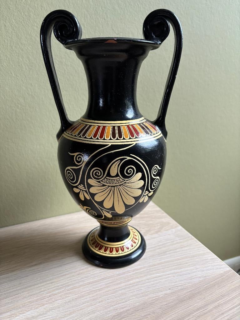 vintage Griekse amphora vaas – zwart/goud decor, Ophalen