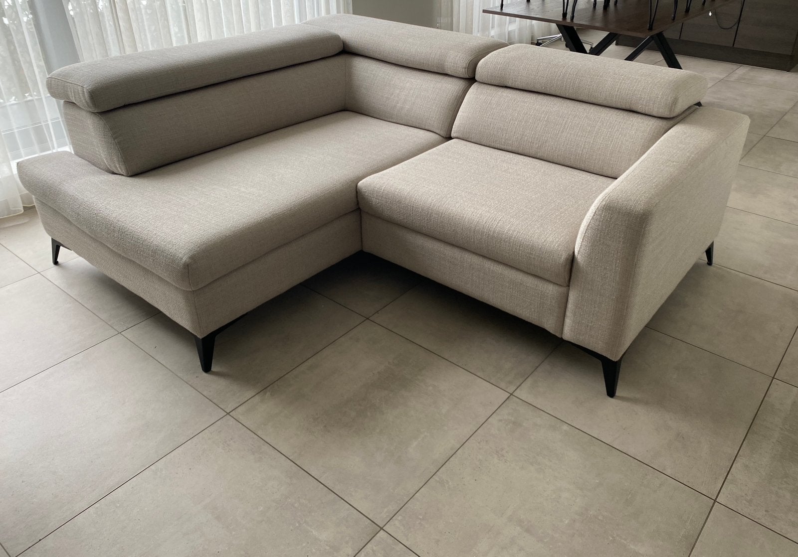 Moderne design hoekzetel in crème/beige stof – als nieuw, Ophalen, Zo goed als nieuw, Stof