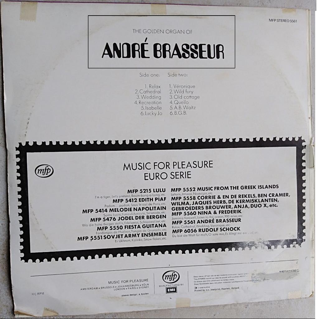 ANDRÉ BRASSEUR: LP "The golden organ of André Brasseur", Fotohoes, Ophalen of Verzenden