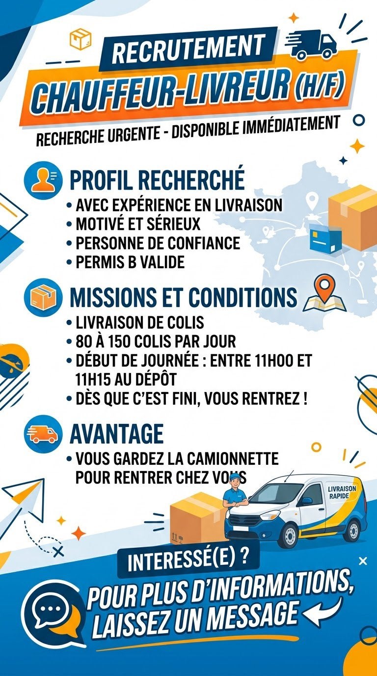 On cherche Chauffeur-Livreur Disponible immédiatement