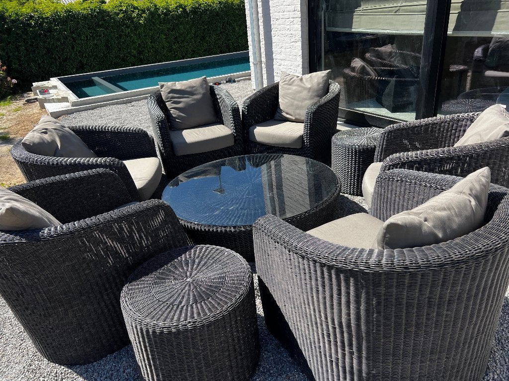 Borek loungeset — 6 zetels + ronde tafel + 3 bijzettafels, Ophalen, Gebruikt, Bijzettafel, 6 zitplaatsen