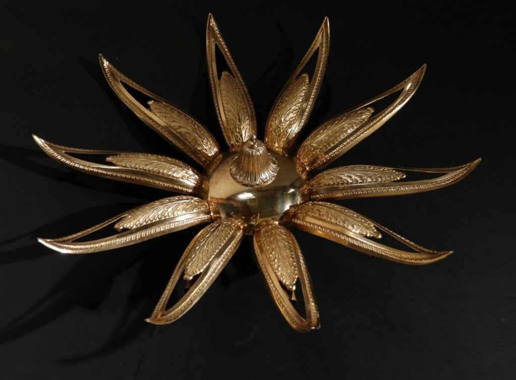 Grote vergulde sunburst plafondlamp 10 armen - jaren 50, Antiek en Kunst, Ophalen
