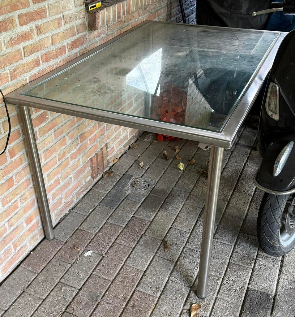 Buitentafel in inox met glazen blad, Tuin en Terras, Ophalen, Gebruikt