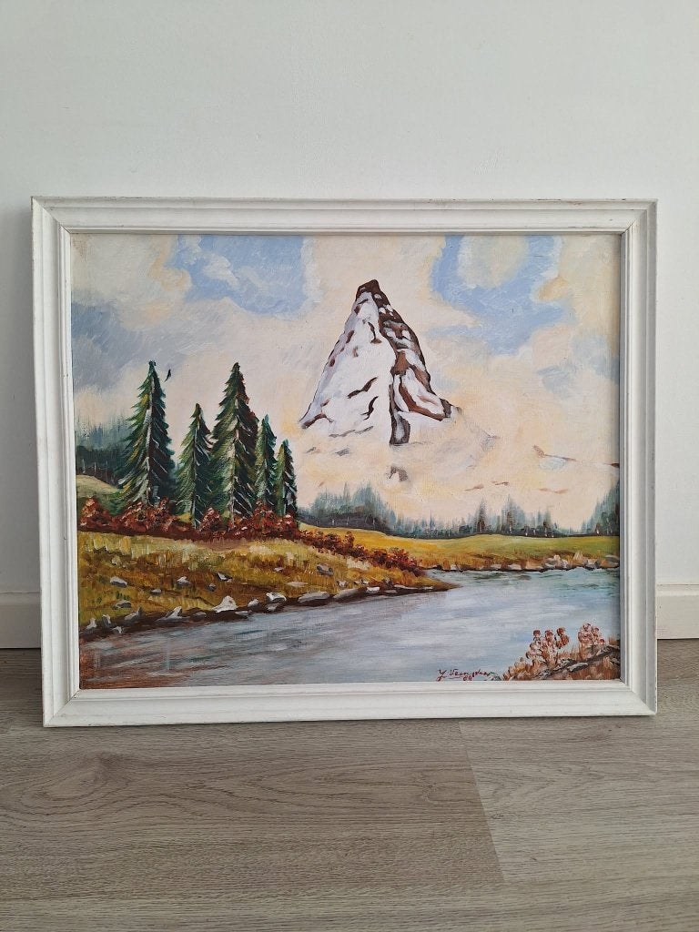 Schilderij Matterhorn met rivier en bomen, gesigneerd, Antiek en Kunst, Kunst | Schilderijen | Klassiek, Doek, Realistisch, Ophalen of Verzenden