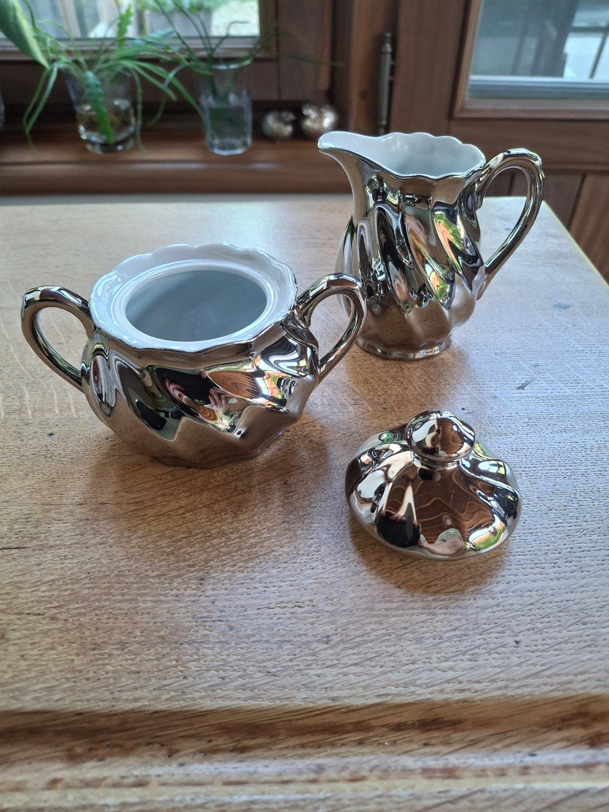 silver overlay porseleinen suikerpot, deksel en melkkannetje, Antiek en Kunst, Ophalen of Verzenden