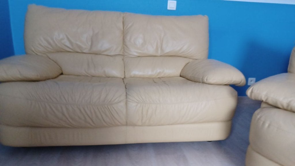 ensemble Canapé 2pl et Fauteuil cuir jaune, Maison & Meubles, Trois personnes, 100 à 125 cm, Enlèvement, Utilisé