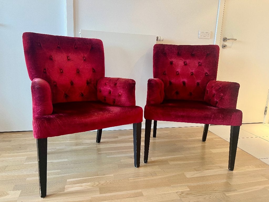 Twee bordeauxrode fluwelen fauteuils, Ophalen, Gebruikt, 75 tot 100 cm, Classic chic