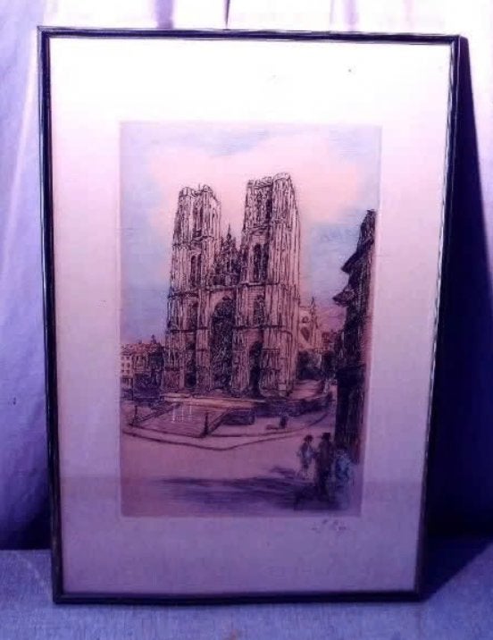 Prachtige Gekleurde Ets 'Spaanse Kathedraal' - Rey, Ophalen of Verzenden, Landschap, Ets, Gesigneerd