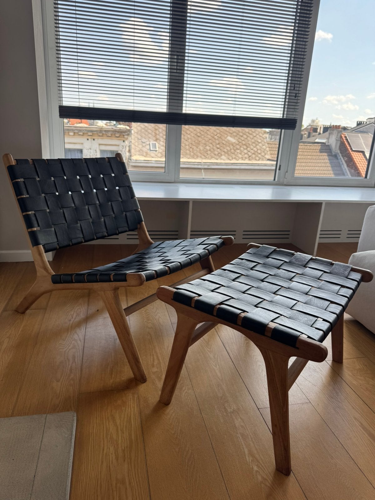 Iteak teak houten fauteuil lounge stoel + bankje krukje, Huis en Inrichting, Ophalen, Zo goed als nieuw, Hout