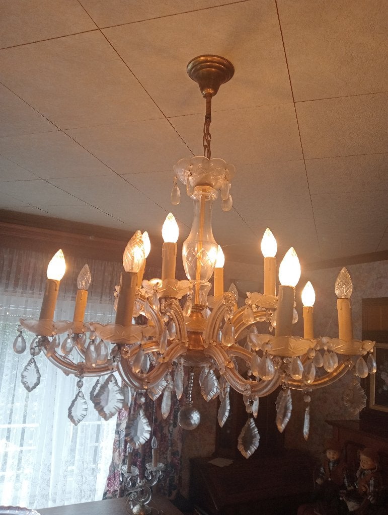 Vintage kristallen luchter 12 lichtpunten en staande lamp, Antiek en Kunst, Ophalen