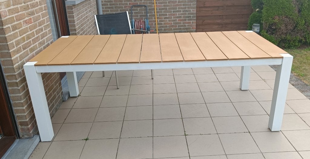 Moderne tuintafel (220x100), aluminium met houtlook blad, Ophalen, Gebruikt, Rechthoekig, Aluminium