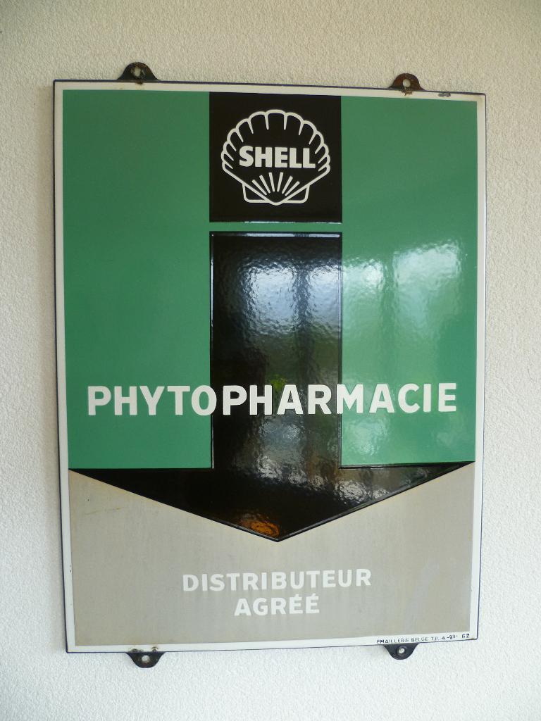 EMAILLE RECLAMEBORD"SHELL PHYTOPHARMACIE DISTRIBUTEUR" 1962, Ophalen of Verzenden, Gebruikt, Reclamebord
