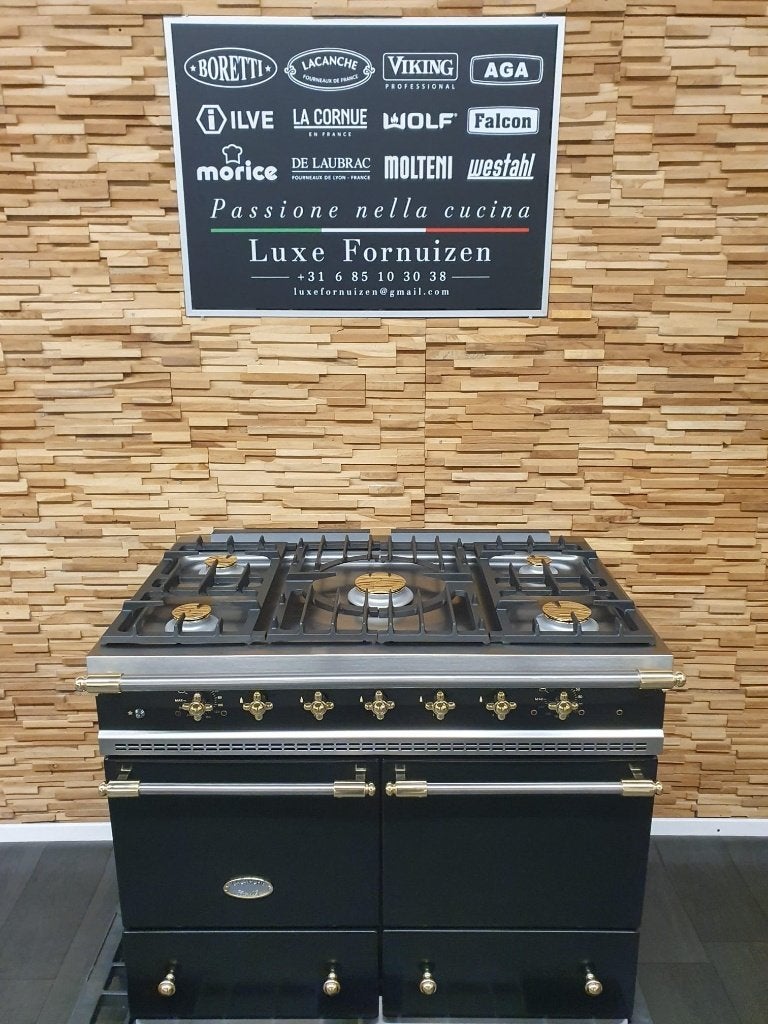 Lacanche Fornuis 100cm zwart + messing 2 elektrische ovens, Gaz, Classe énergétique A ou plus économe, Comme neuf, Enlèvement