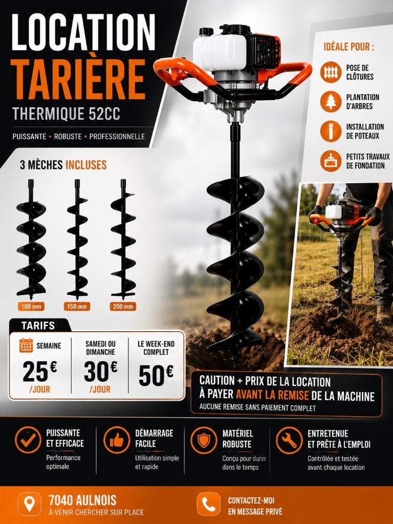 Tarière thermique 52cc – Location, Jardin & Terrasse, Enlèvement, Neuf, Tarière