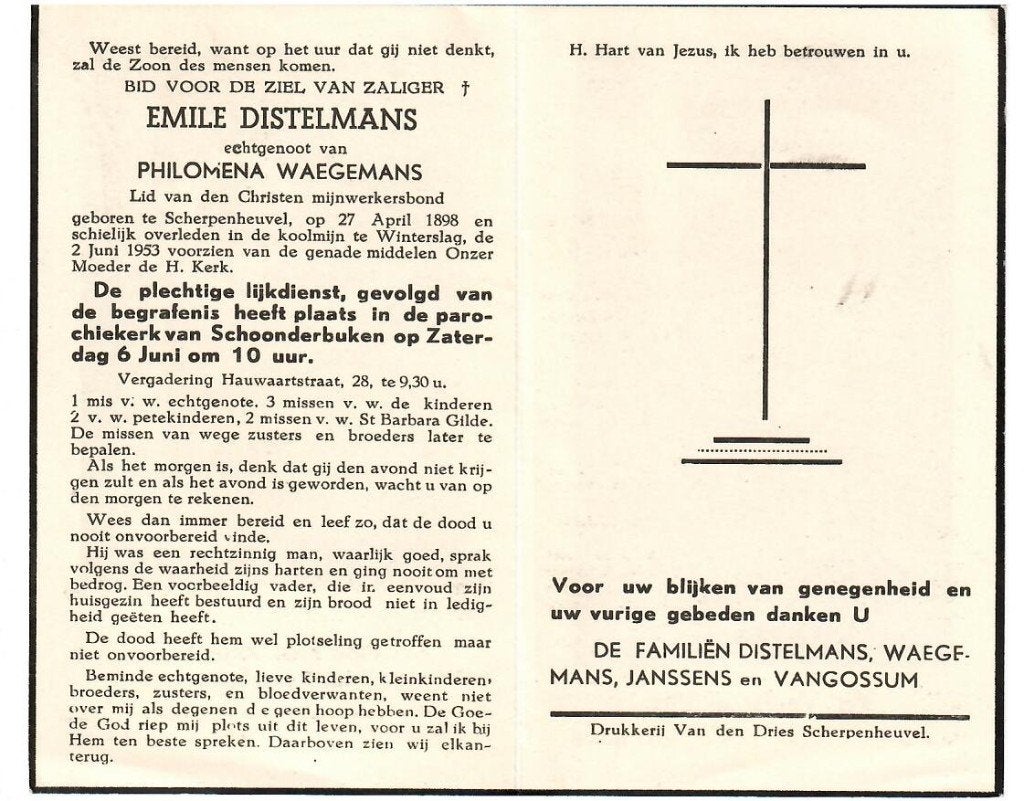 RP Emile Distelmans koolmijn Winterslag 02 Juni 1953, Collections, Images pieuses & Faire-part, Enlèvement ou Envoi