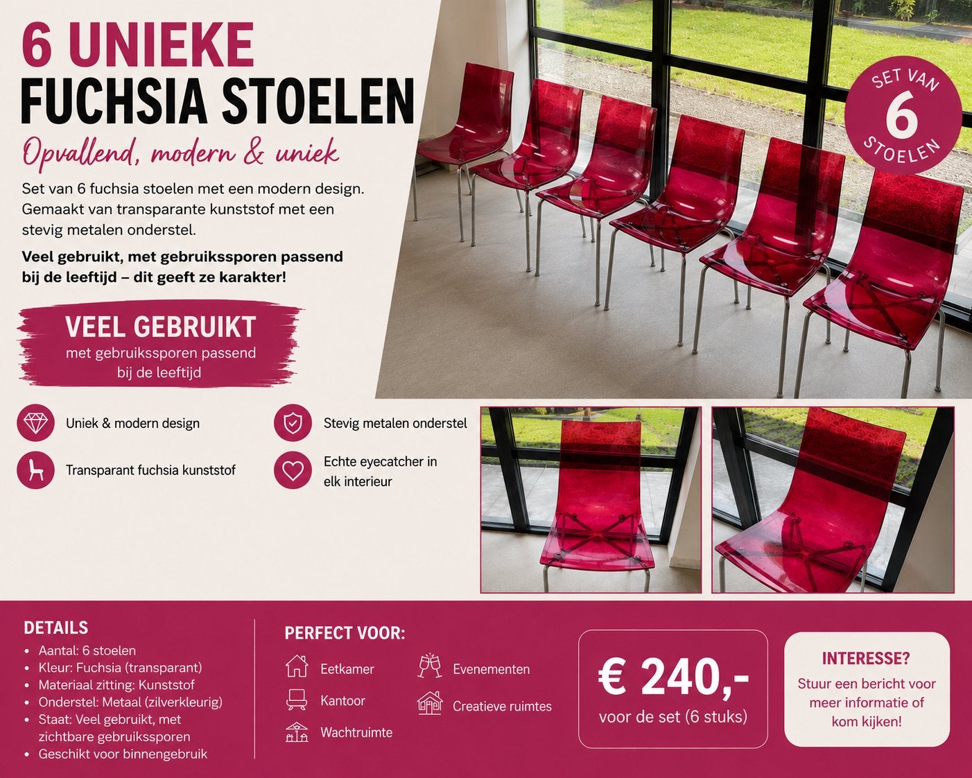 6 unieke fuchsia stoelen te koop, Huis en Inrichting, Stoelen, Ophalen, Kunststof, Gebruikt, Overige kleuren