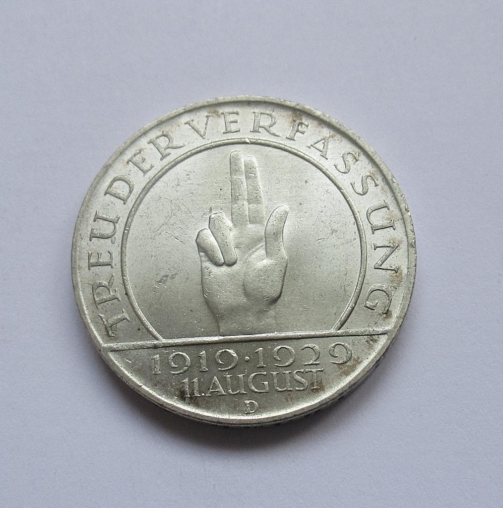 Weimarer Republik  3 Reichsmark 1929 D Hindenburg, Envoi, Allemagne, Argent