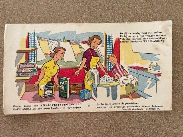 vintage reclamekaart wasproducten" WAESLANDIA SINT NIKLAAS", Verzamelen, Ophalen of Verzenden, Zo goed als nieuw, Reclamebord