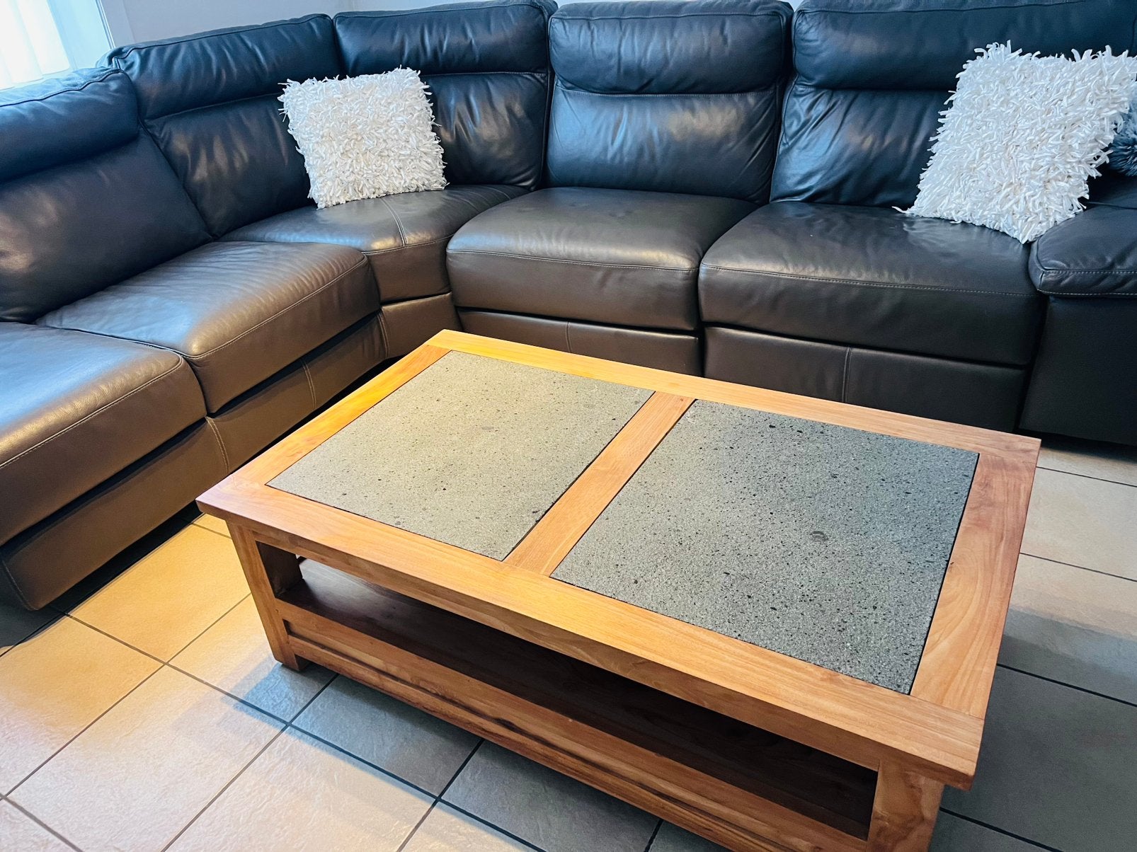 Table basse en Teck et pierres de lave, Ophalen, Teakhout