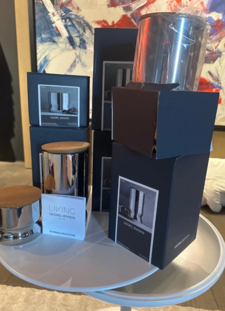 Georg Jensen Metal Jars in Original Packaging, Inox, Met deksel, Pot, Bus of Blik, Nieuw