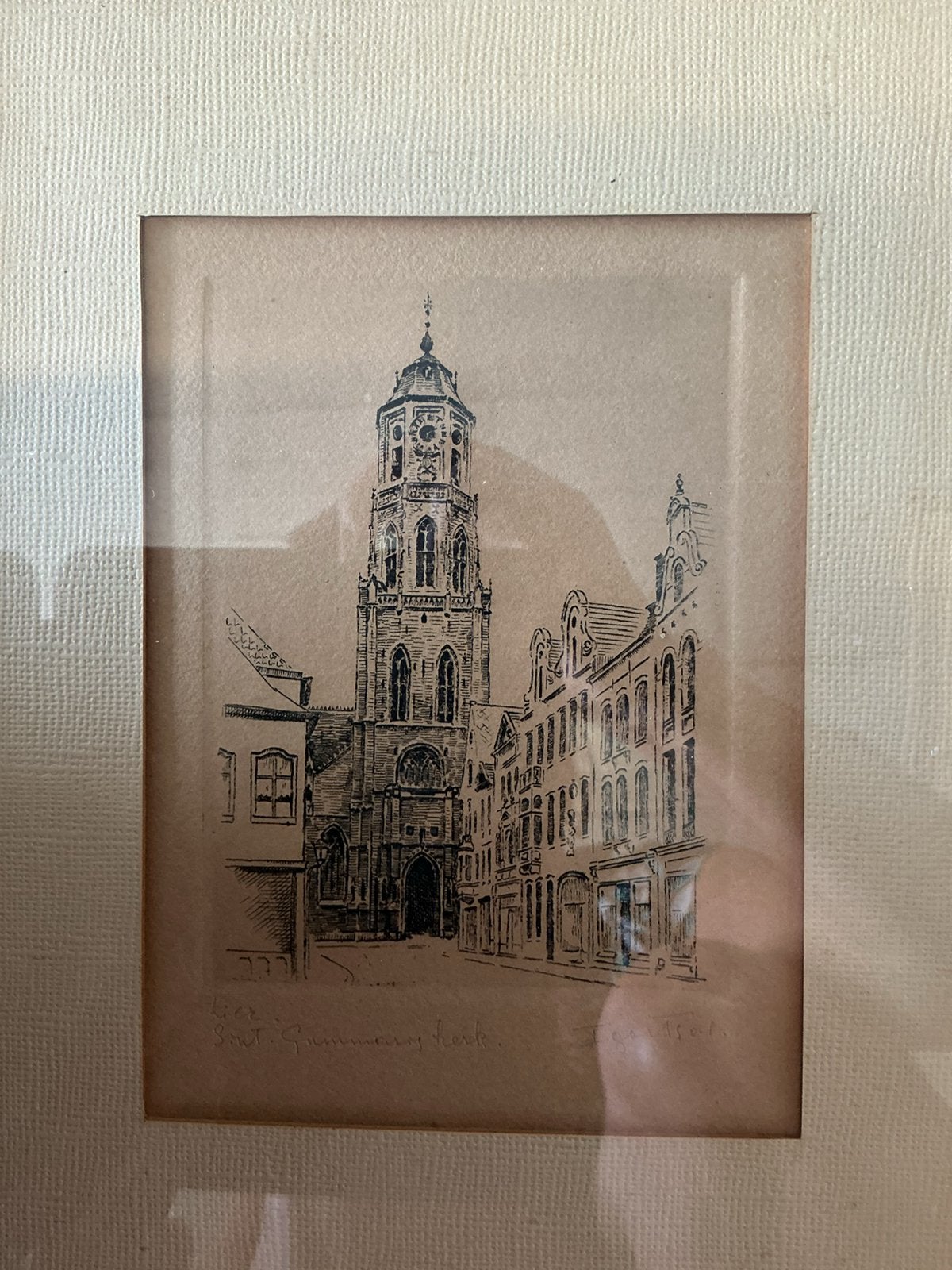 Pentekening Sint Gummarus kerk Lier, Antiek en Kunst, Ophalen of Verzenden, Pentekening
