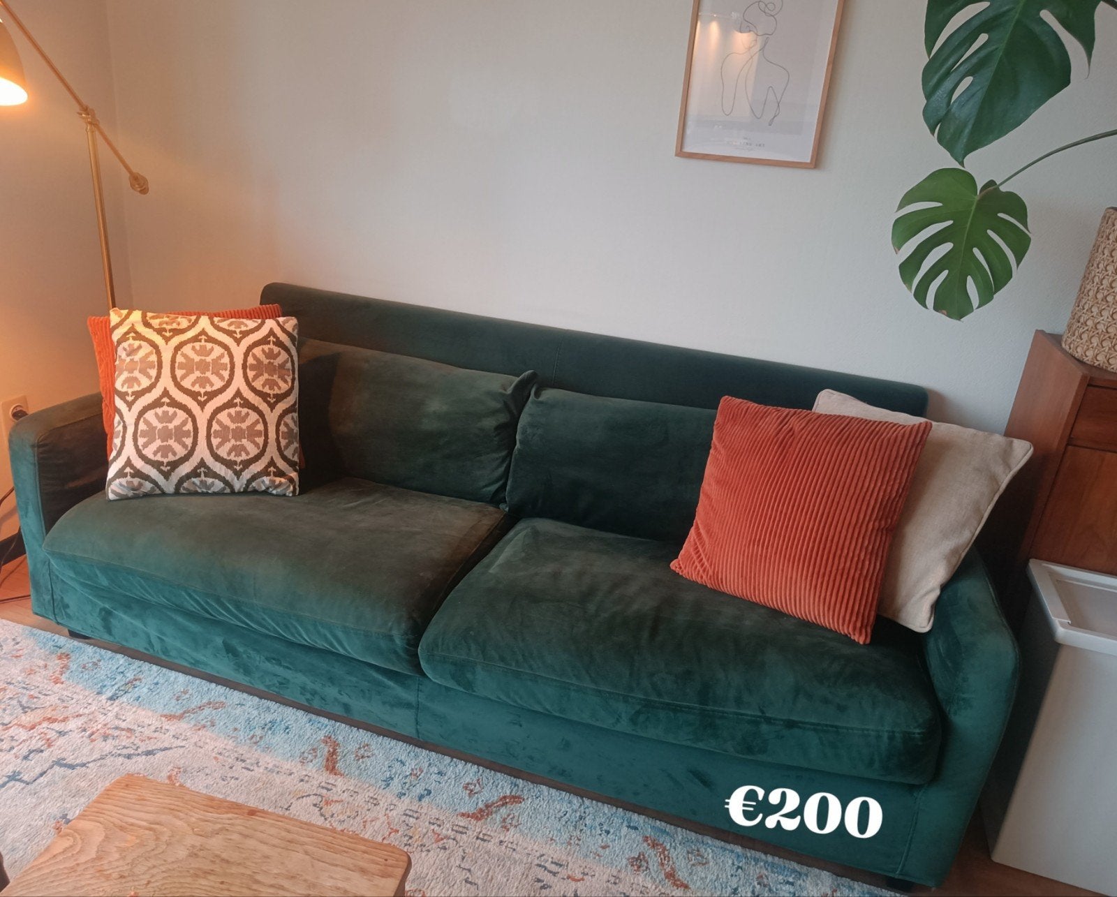 Velvet groene zetel merk Habitat, Maison & Meubles, Trois personnes, Banc droit, Enlèvement, Utilisé