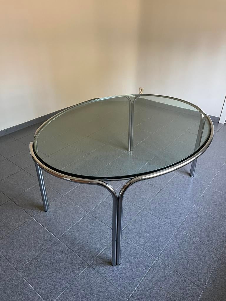 Space age vintage tafel met glazen blad, Ophalen, Gebruikt, 100 tot 150 cm, Vier personen