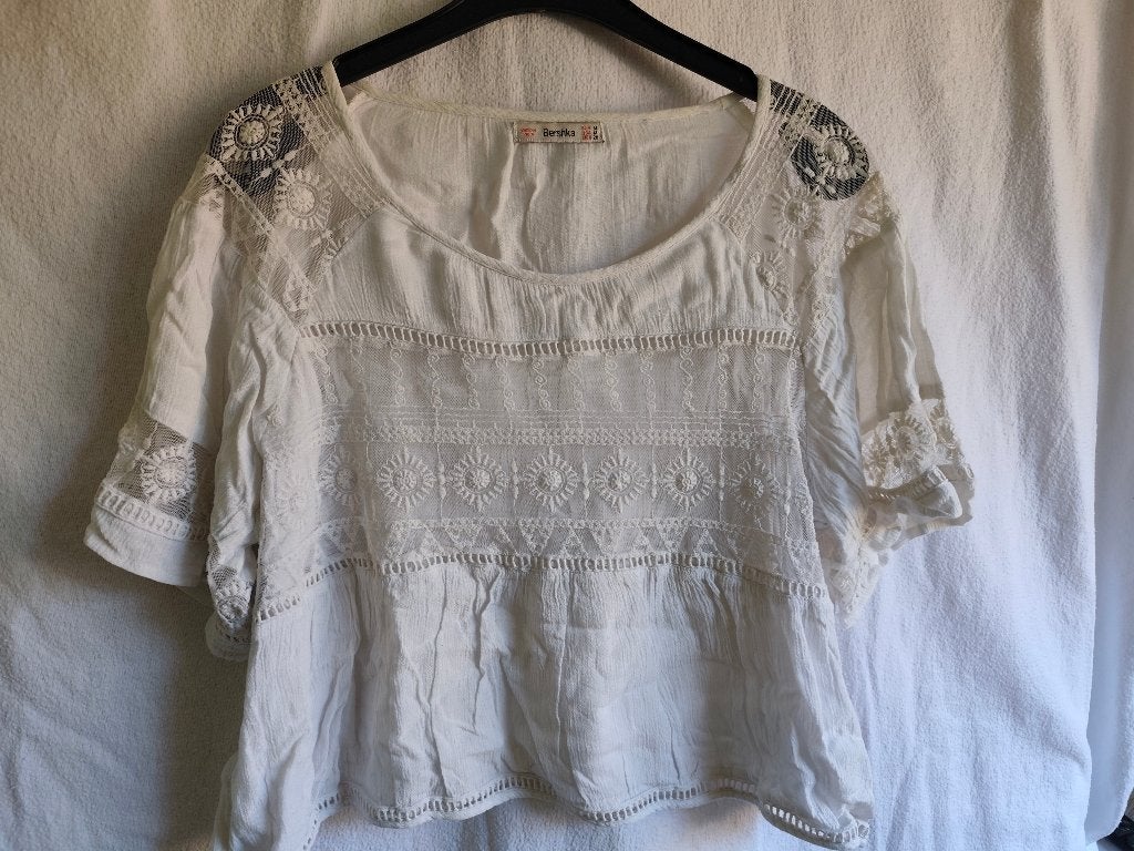 Top fantaisie blanc, Wit, Bershka, Korte mouw, Gedragen