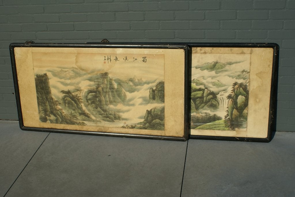 2 vintage chinese tekeningen decoratie uit huis, Antiek en Kunst, Ophalen, Landschap, Tekening, Ingelijst