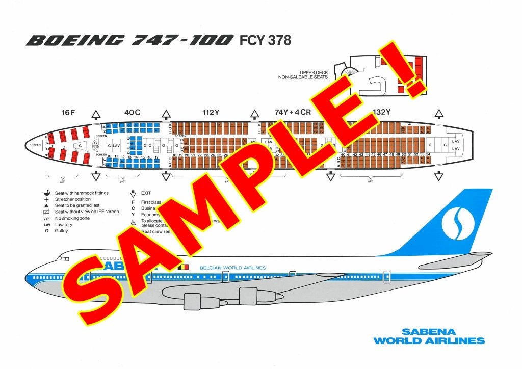 Affiche Sabena Plan sièges de l'avion Boeing B747-100 FCY378, Collections, Souvenirs Sabena, Enlèvement ou Envoi, Neuf