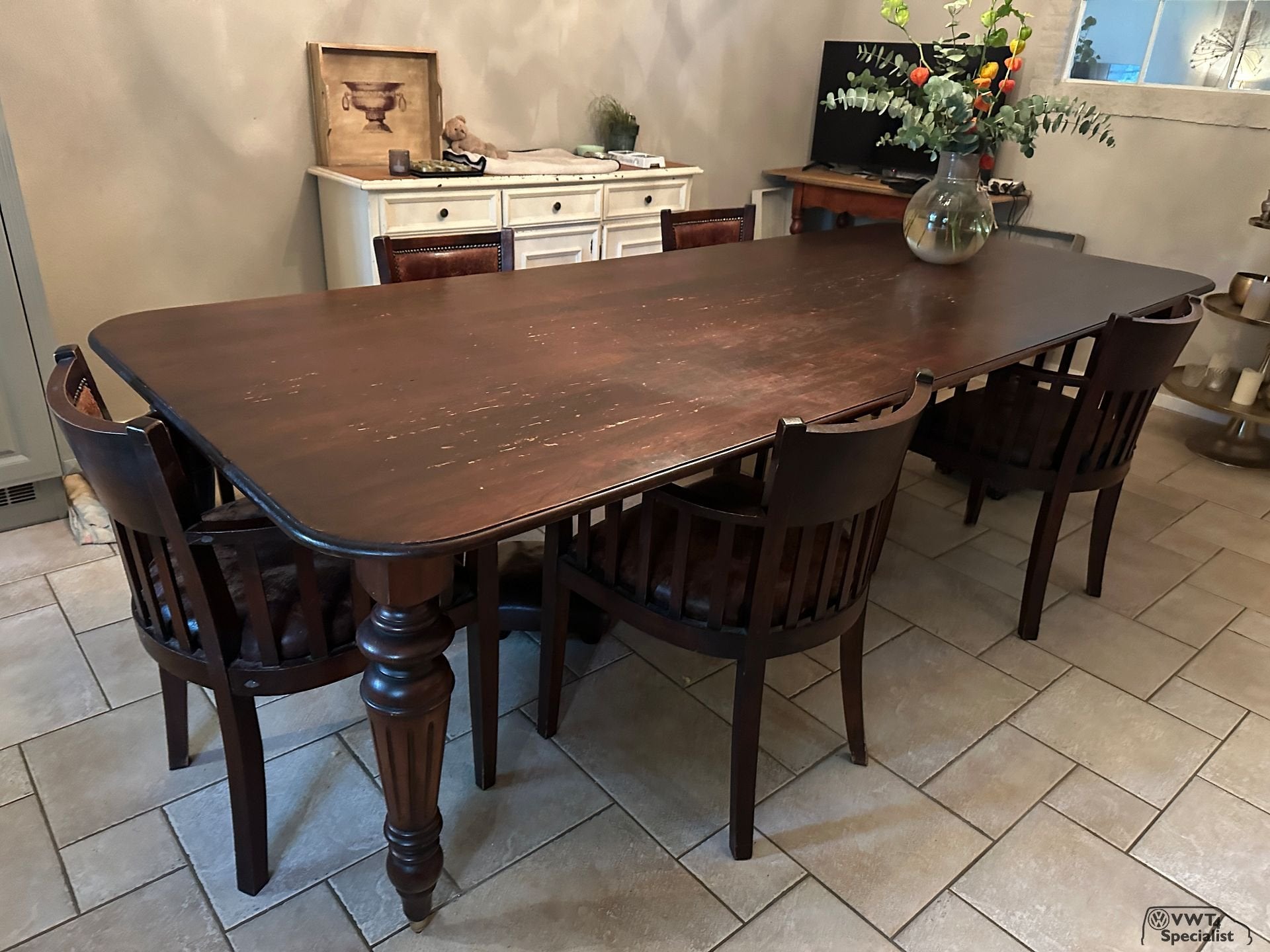 Grote victoriaanse brocante tafel eettafel messing wielen