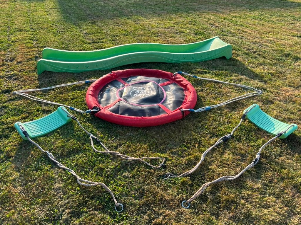 Speelset voor tuin (glijbaan, nestschommel & 2 schommels), Enlèvement, Utilisé