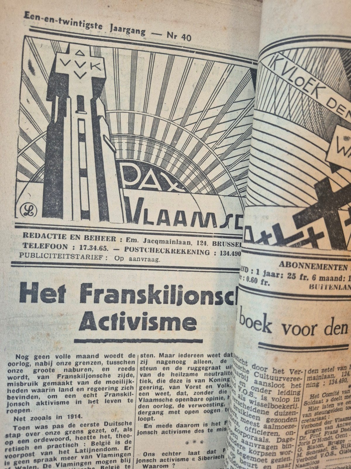 Hebdomadaire flamand et antimilitariste V.O.S. 1938 - 1939, Enlèvement ou Envoi, 1920 à 1940
