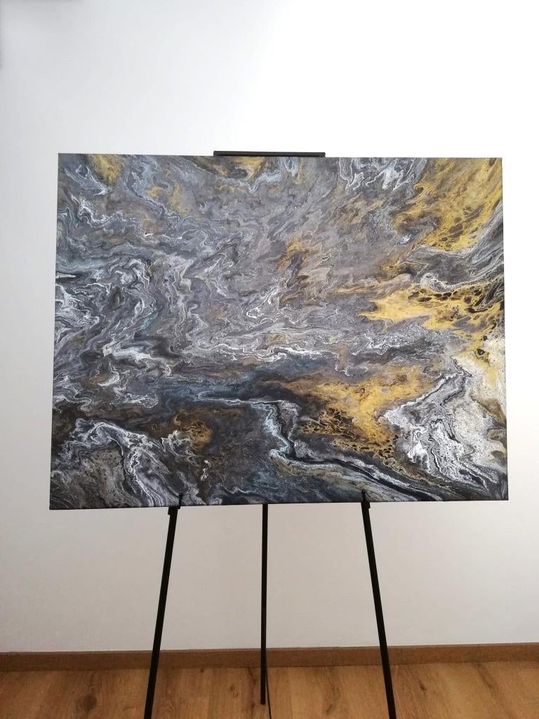 Abstract Modern Acryl canvas 70*90cm - goud/grijs wolken, Ophalen