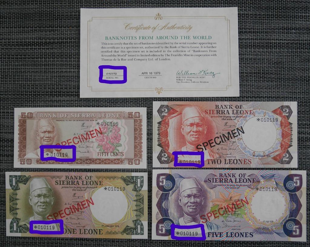 Billet 05-1-2-5 Leones Sierra Leone 1978 UNC Specimen, Enlèvement ou Envoi, Autres pays, Série
