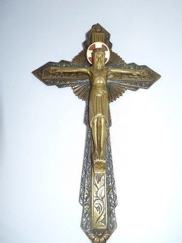 Kruisbeeld - Messing, Koper - 1940-1950 - 40 cm: aanbieding, Antiek en Kunst, Ophalen