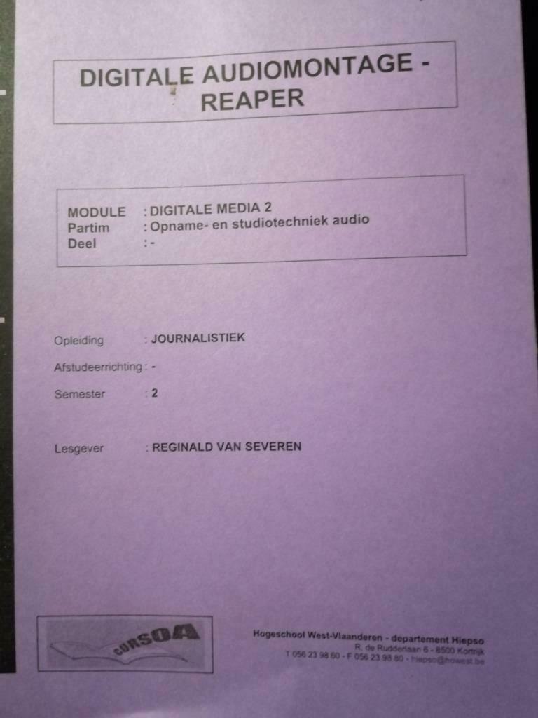 cursus DIGITALE AUDIOMONTAGE - REAPER, Enlèvement ou Envoi, Comme neuf, Enseignement supérieur professionnel