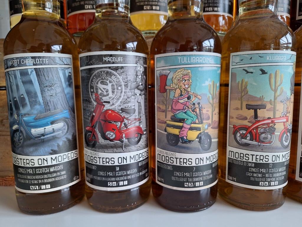 Mobsters on Mopeds whisky 25 stuks - complete serie brommers, Verzamelen, Wijnen, Ophalen