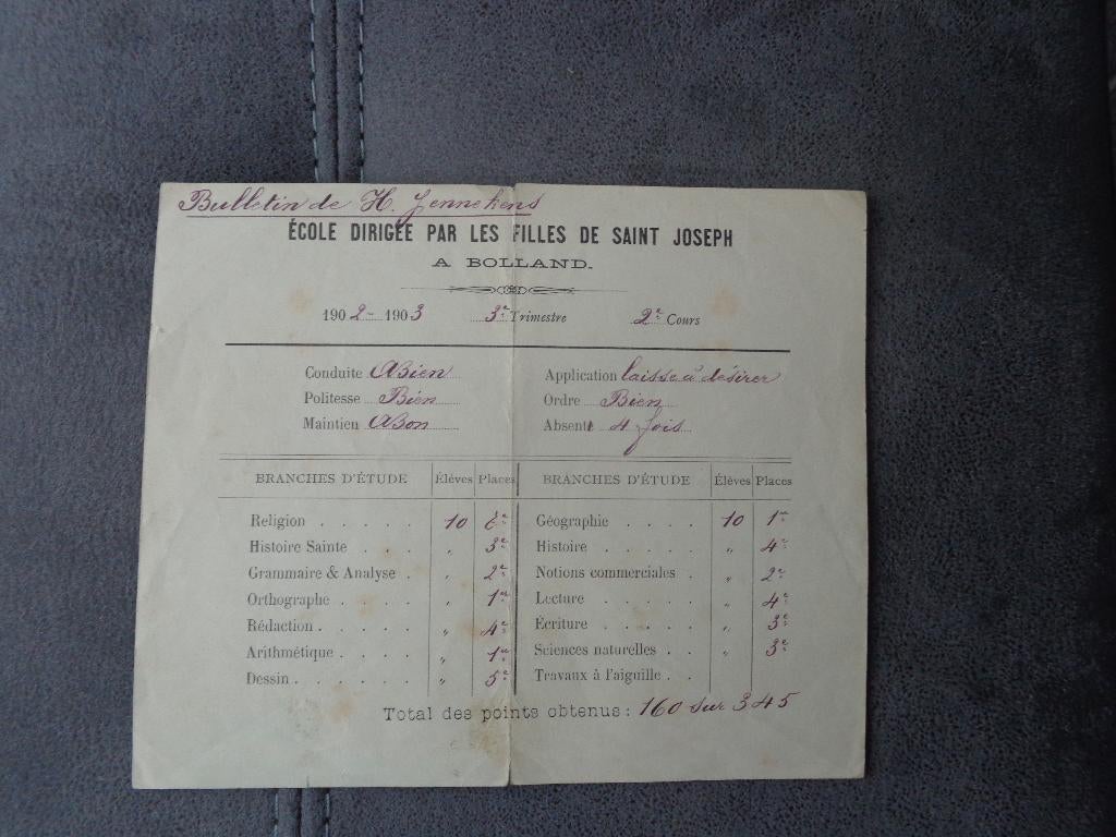 1 ancien bulletin scolaire (1902) de 'école de Bolland, Collections, Enlèvement