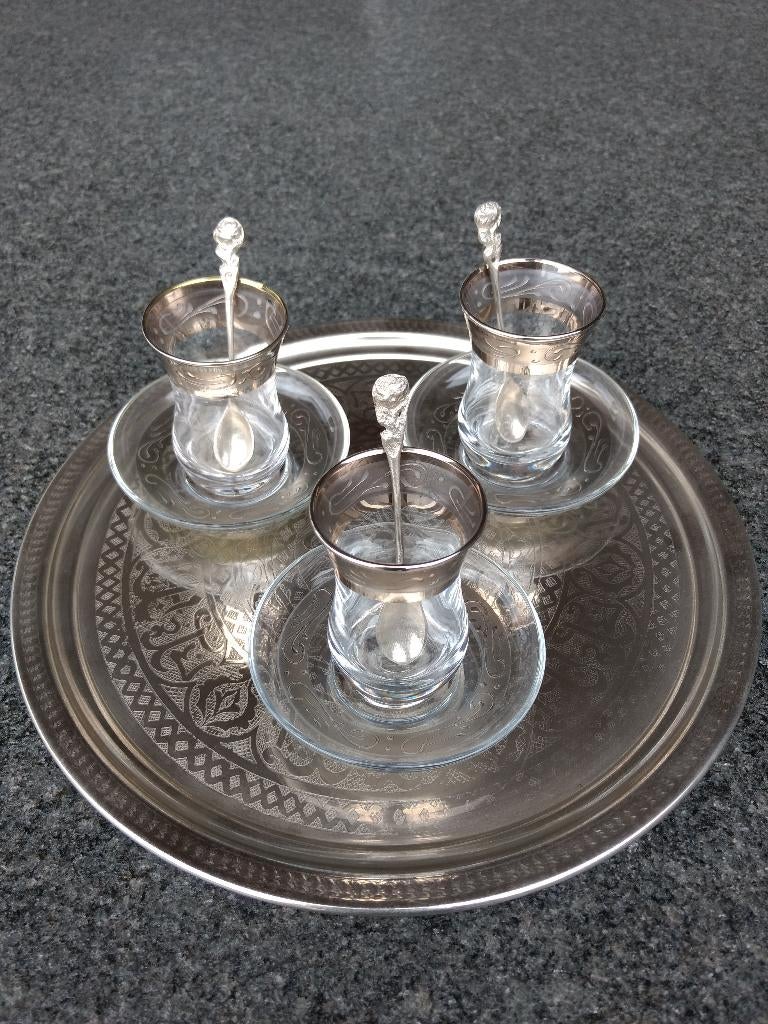 Turks theeservies, Ophalen, Zo goed als nieuw, Metaal, Zilver